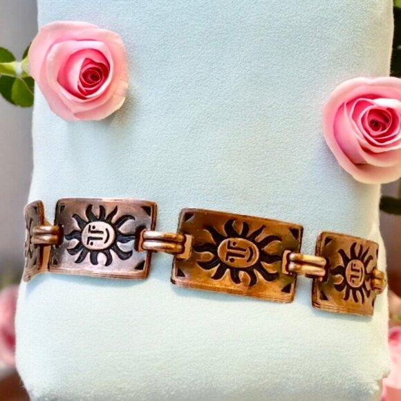 Copper Bracelet Vintage Sun Face Rectangular Links Southwestern Boho - Picture 7 of 11